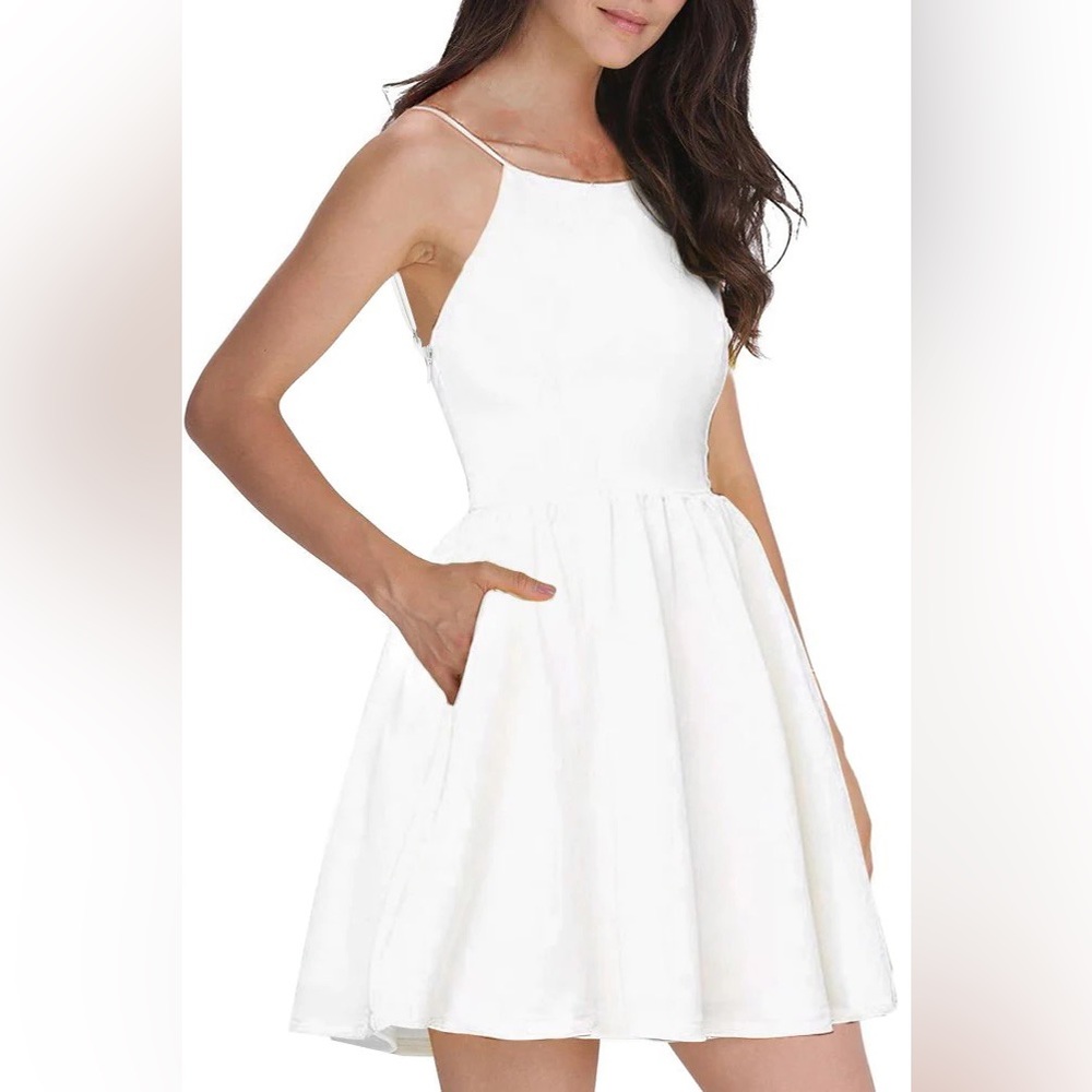 Womens White Spaghetti Strap Skater Mini Dress Open Back, Small